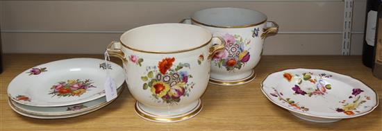 A pair of 19th century Derby flower-decorated jardinières, three similar plates and a soup plate jardinieres H.16cm